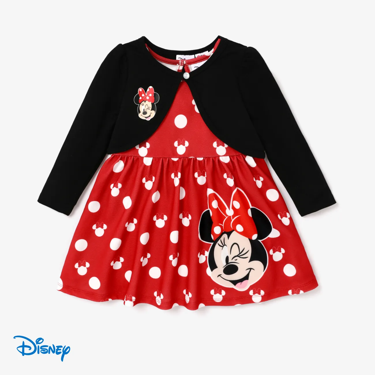 Disney Mickey and Friends Toddler Girl Character Print Long-sleeve Cardigan and Polka Dots Sleeveless Dresses Sets Red big image 1
