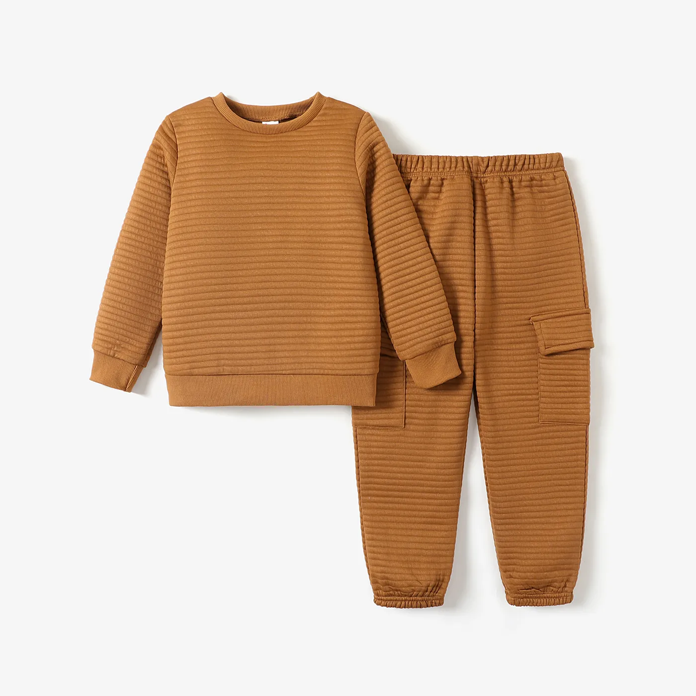  2PCS Kid Boy Solid Color Basic Patch Pocket Top/ Pants Set