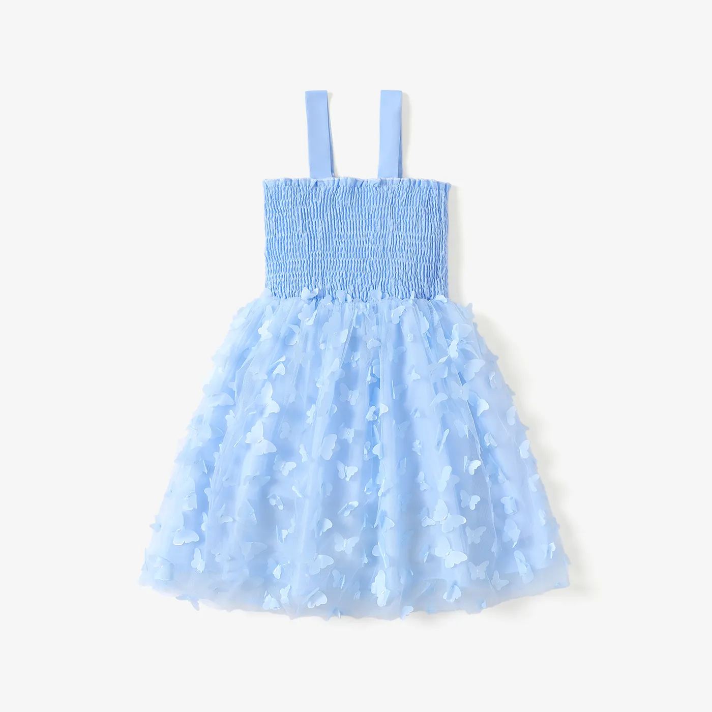 Kid Girl 3D Butterfly Design Mesh Splice Smocked Slip Fairy Dress Light Blue