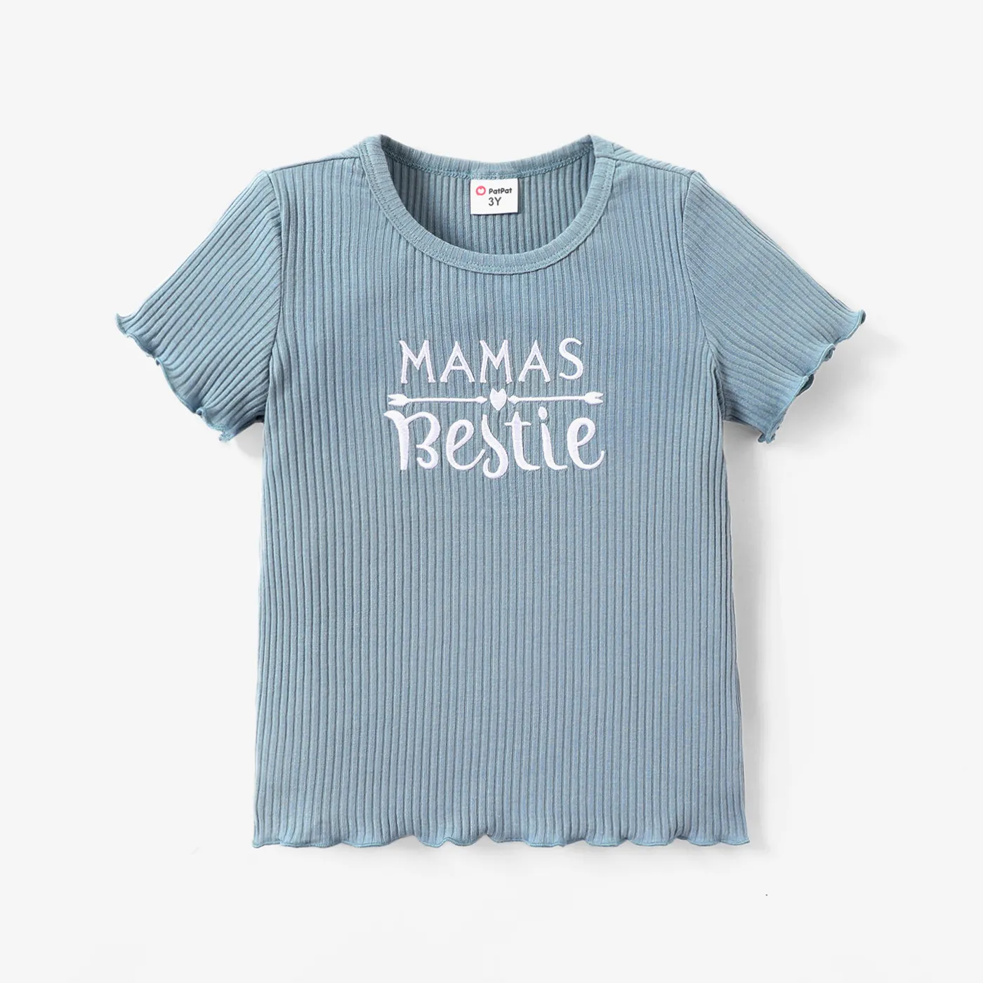 Toddler Girl Letter Embroidered Lettuce Trim Cotton Short-sleeve Tee Blue grey