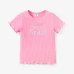 Toddler Girl Letter Embroidered Lettuce Trim Cotton Short-sleeve Tee Light Pink