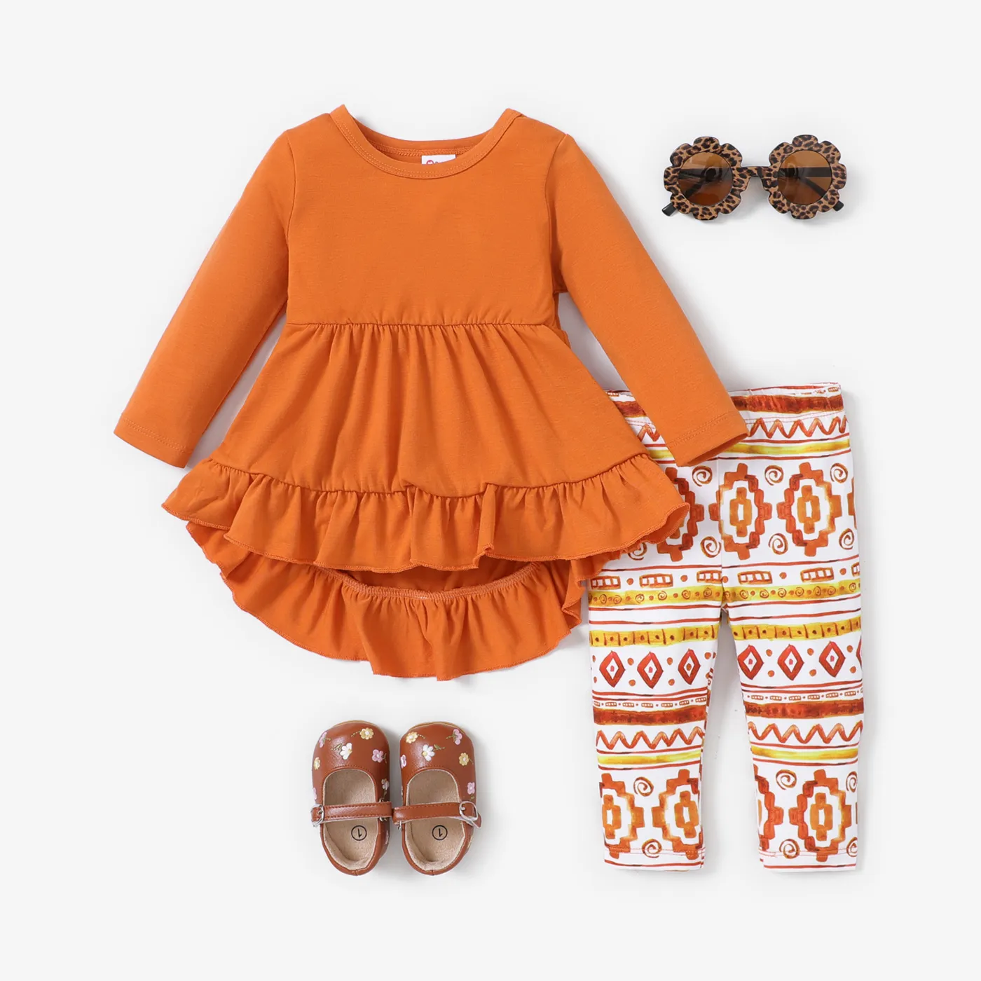 2-piece Baby Girl Bowknot Ruffled Long-sleeves Tee and Geometric pattern Allover Print Pants