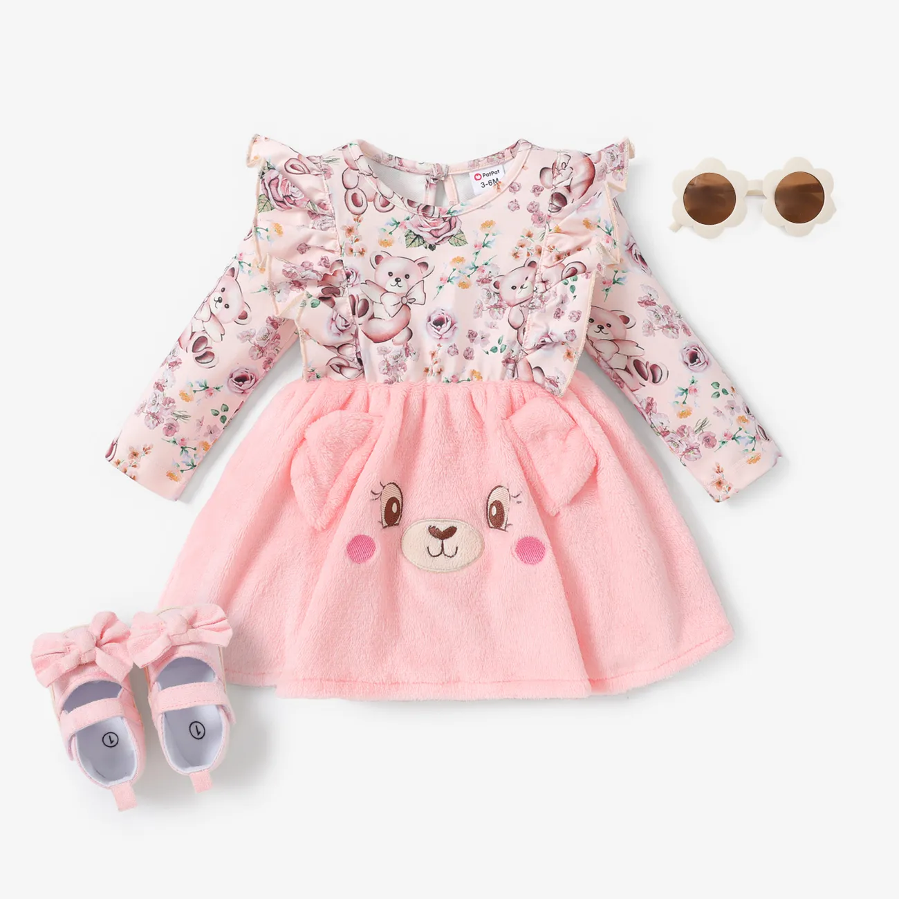 Baby Girl Bear Animal Pattern Ruffle Edge Dress Pink big image 1