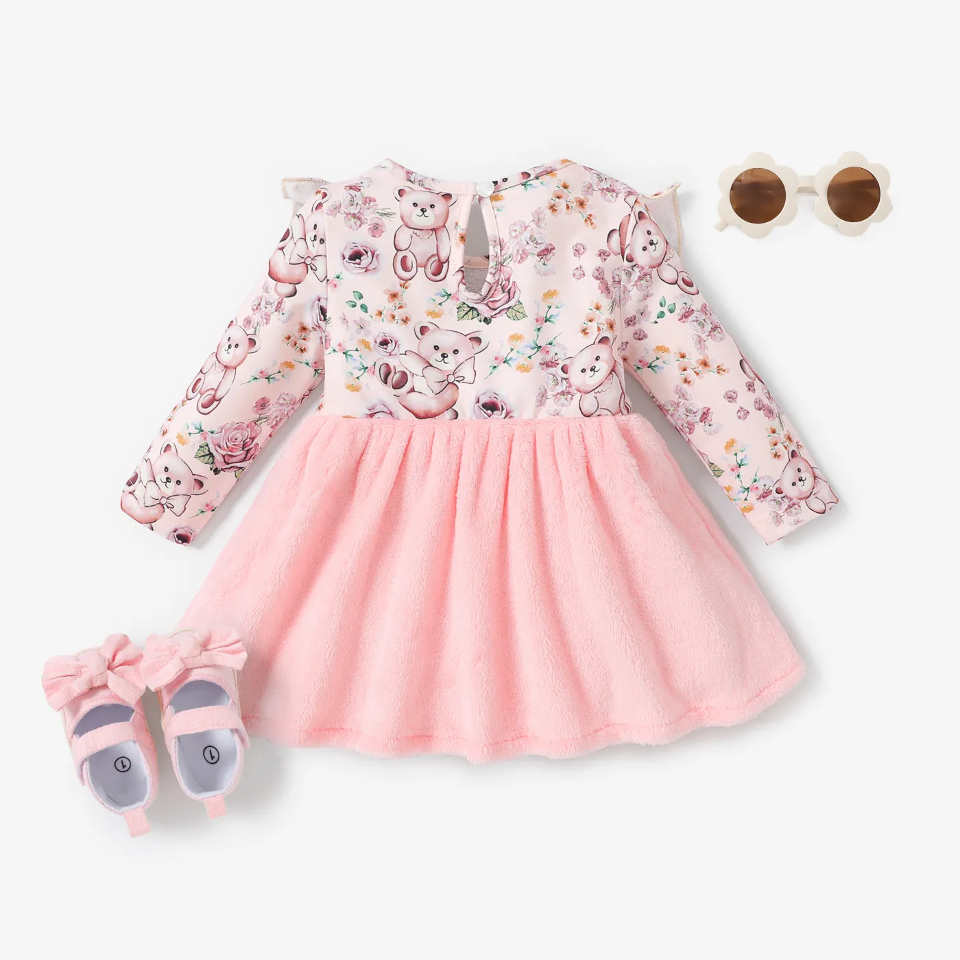 Baby Girl Bear Animal Pattern Ruffle Edge Dress Pink image 2