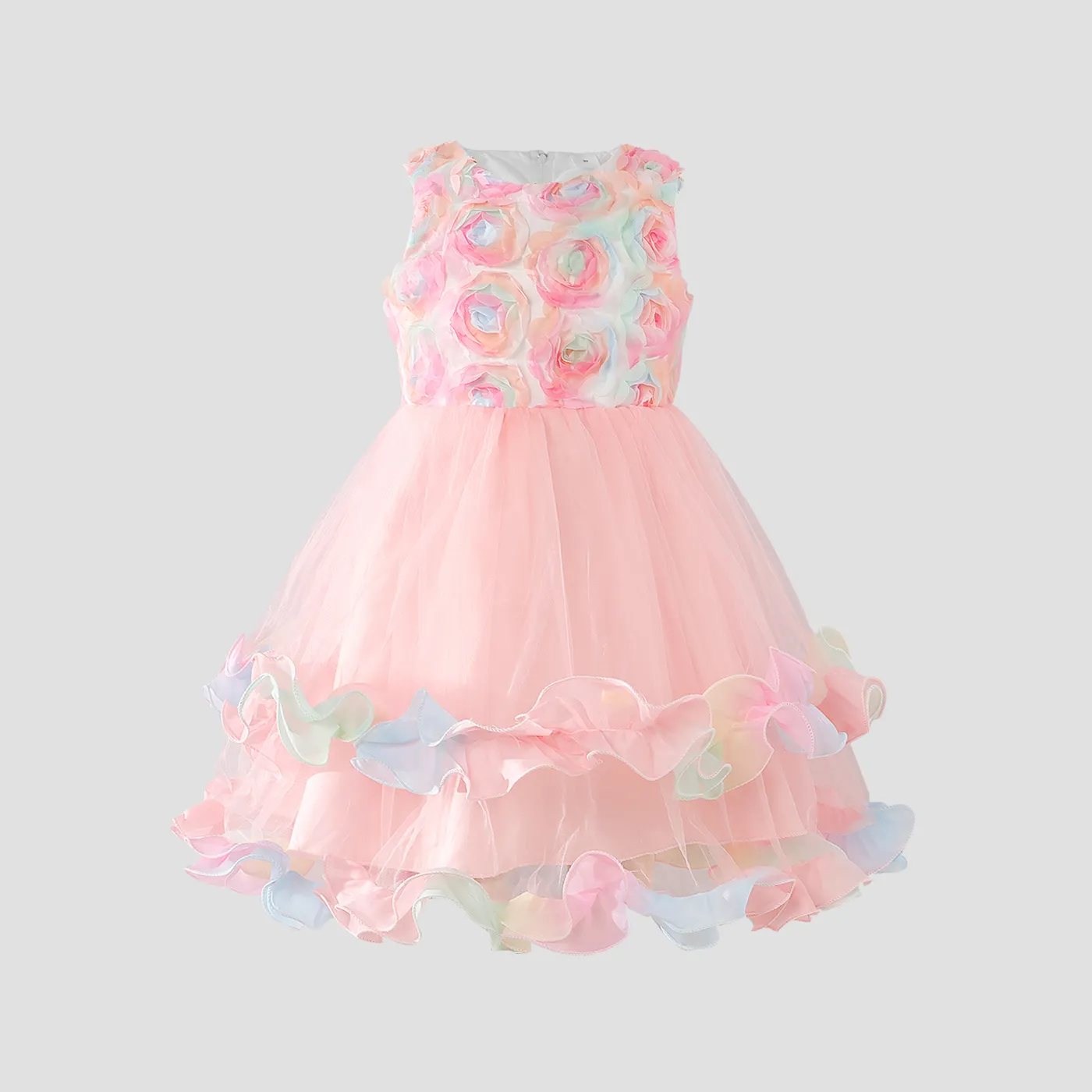 幼兒女孩/兒童女孩甜美熱帶花卉網眼服裝連衣裙