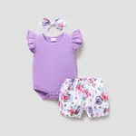 3pcs Baby Girl 95% Cotton Layered Ruffle Sleeve Romper with Floral Print Bloomers Shorts and Headband Set Purple