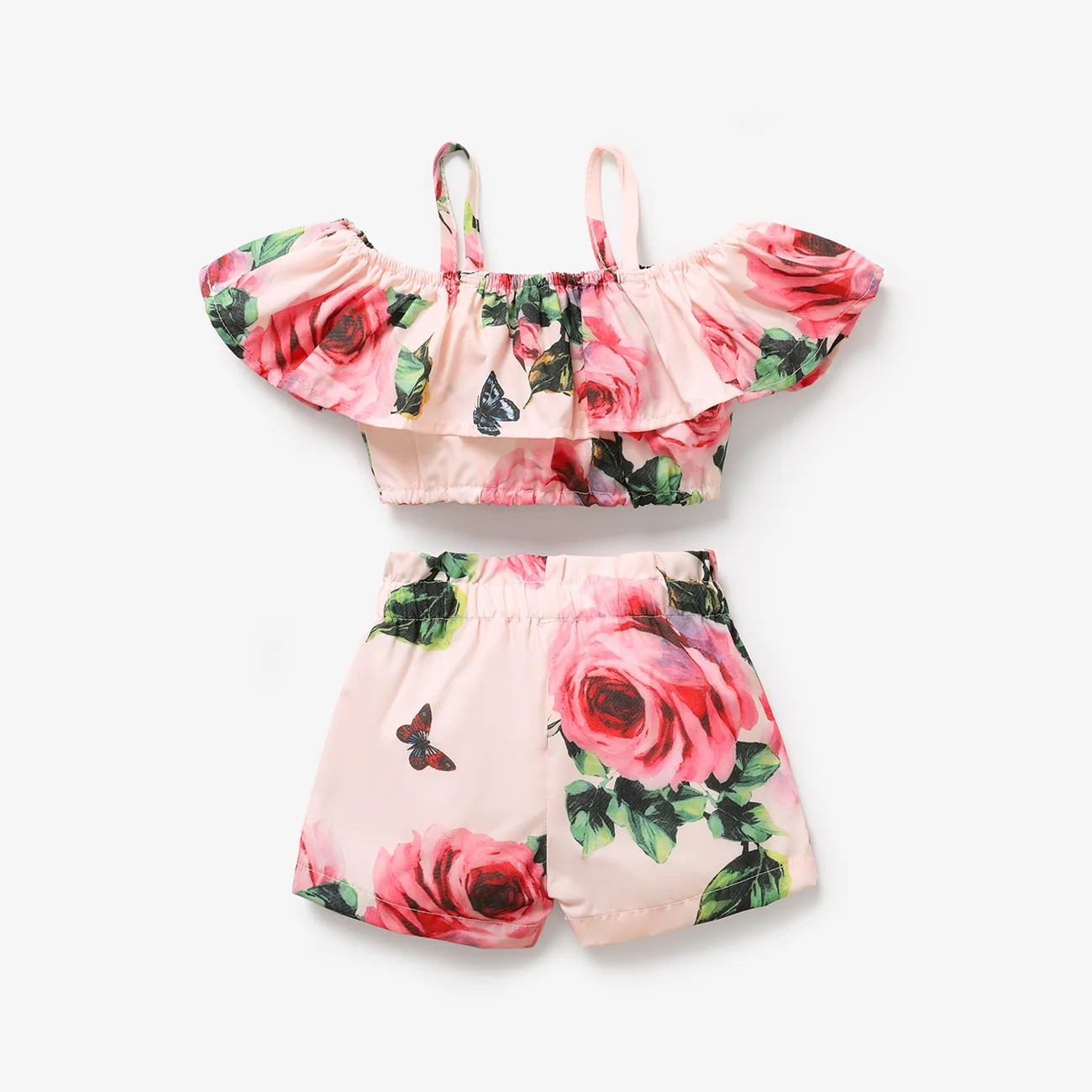 2pcs Baby Girl Floral Print Pink Off Shoulder Spaghetti Strap Ruffle Crop Top and Shorts Set Pink big image 1