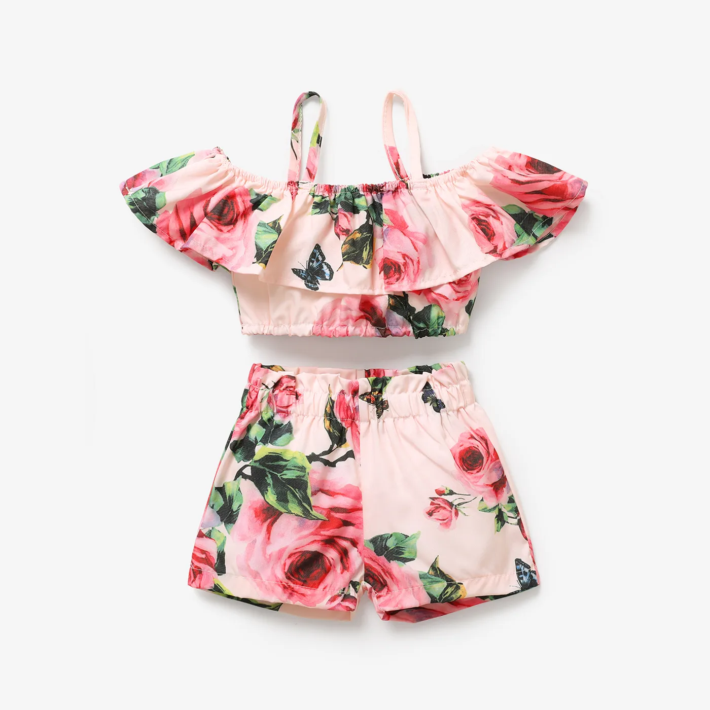 2pcs Baby Girl Floral Print Pink Off Shoulder Spaghetti Strap Ruffle Crop Top and Shorts Set