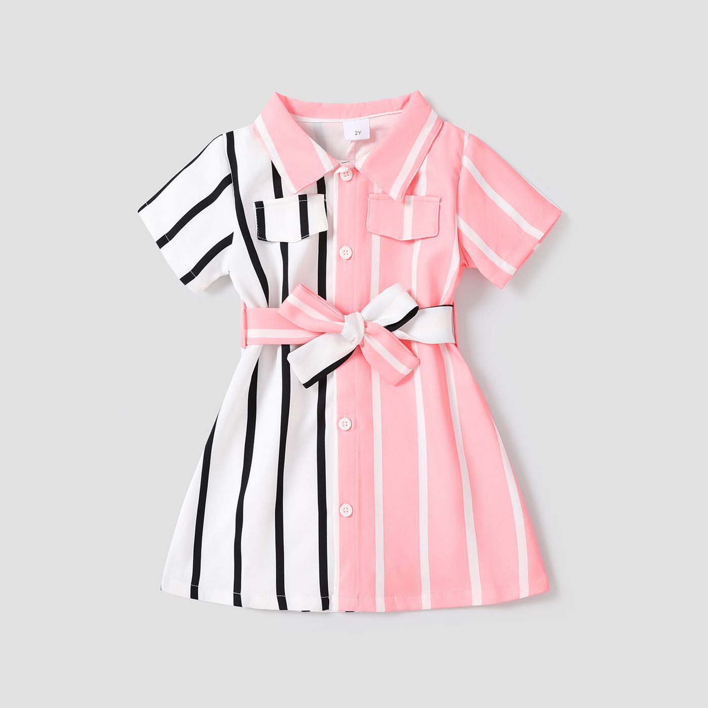Toddler Girl Trendy Stripe Lapel Collar Belted Dress