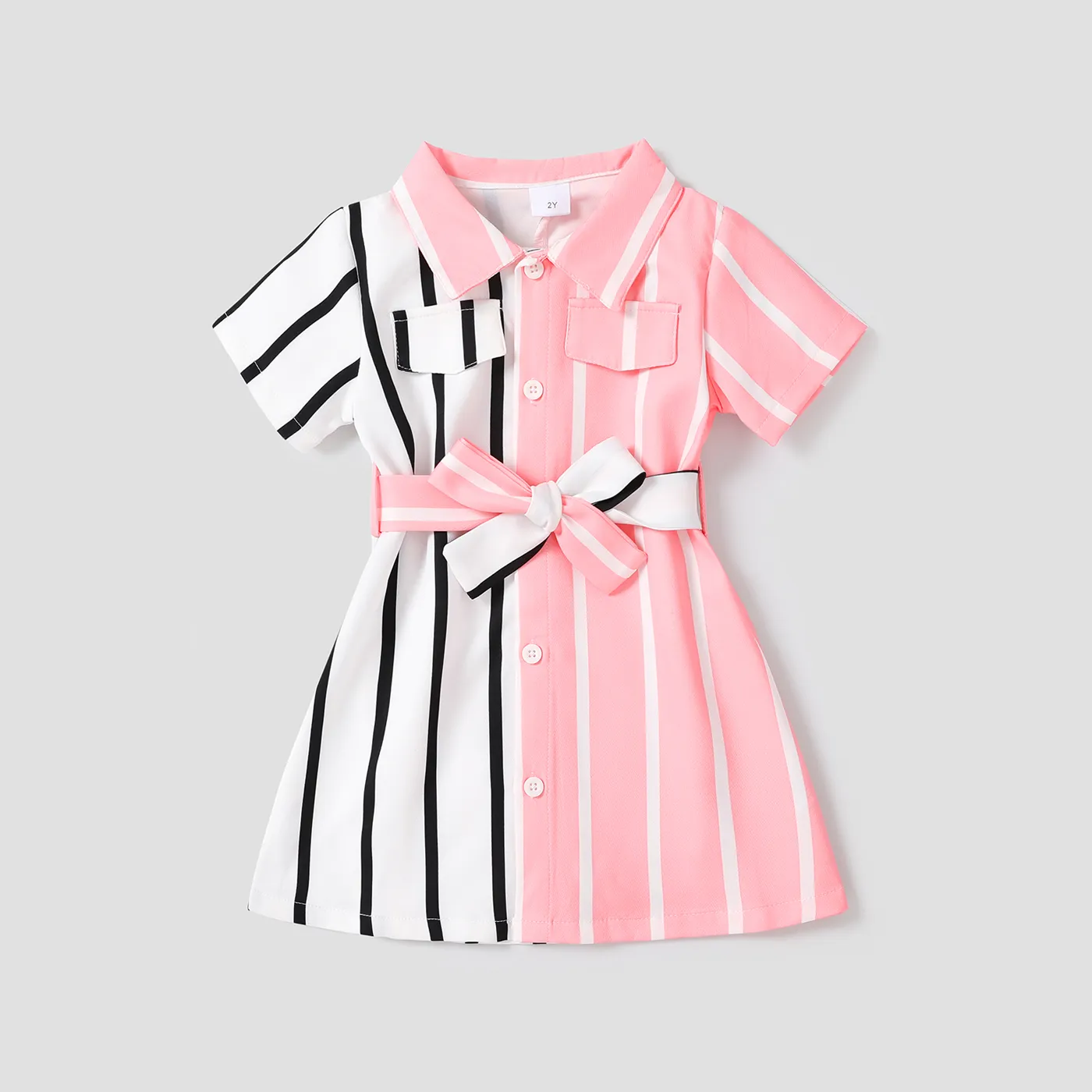 Toddler Girl Trendy Stripe Lapel Collar Belted Dress
