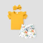 100% Cotton 3pcs Floral Print Short-sleeve Baby Set Yellow