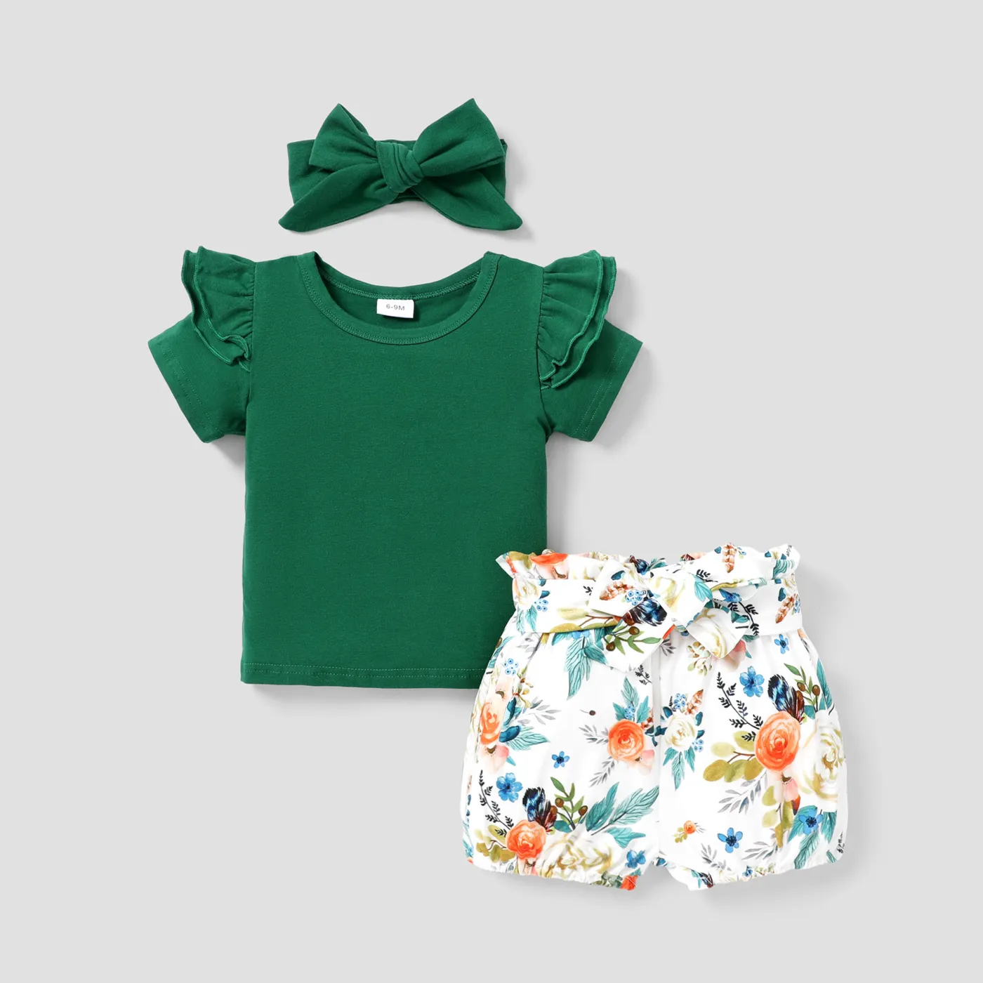 100% Cotton 3pcs Floral Print Short-sleeve Baby Set Green big image 1