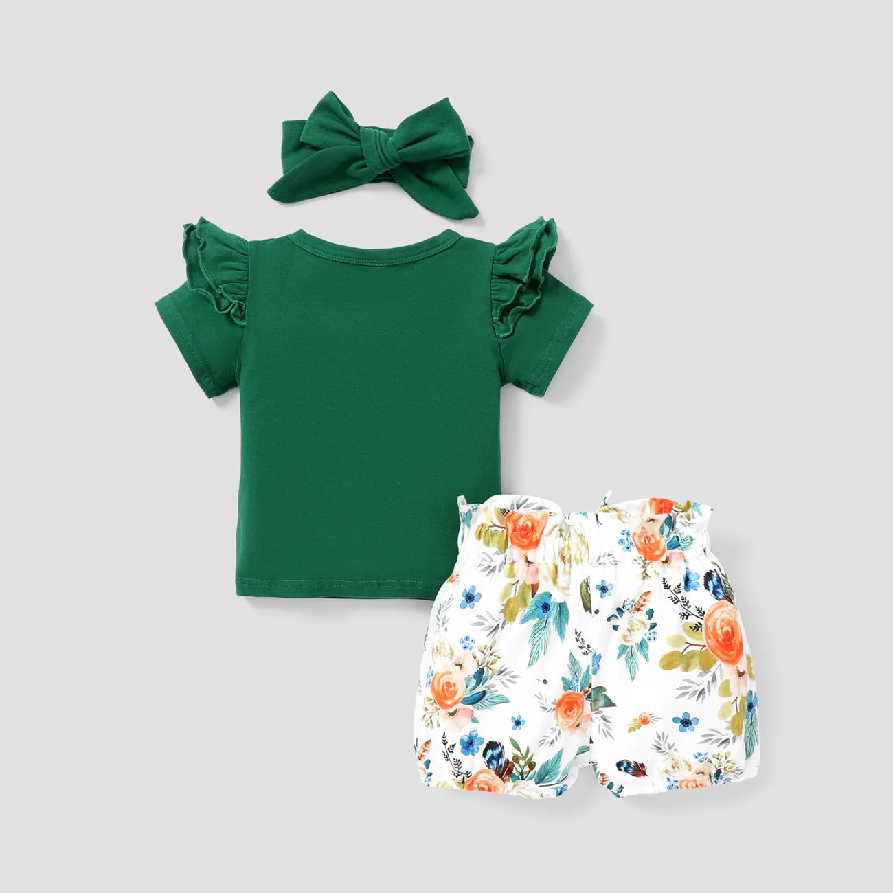 100% Cotton 3pcs Floral Print Short-sleeve Baby Set Green big image 1