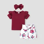 100% Cotton 3pcs Floral Print Short-sleeve Baby Set Burgundy