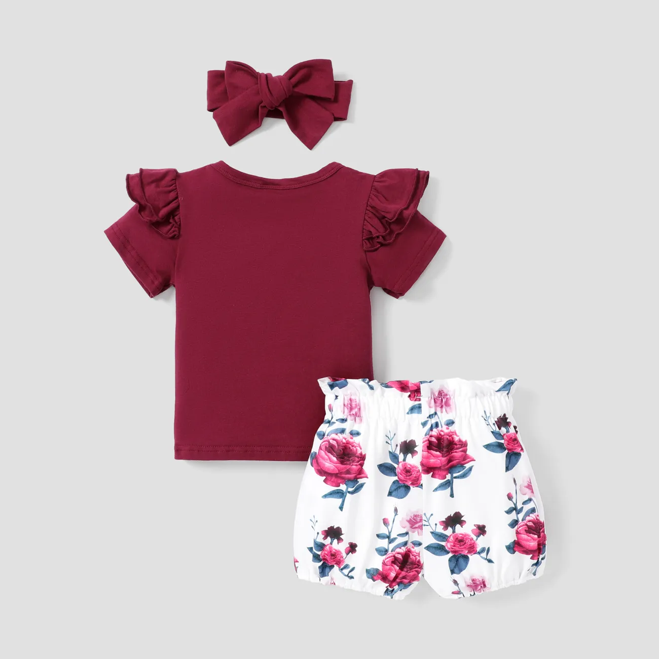 100% Cotton 3pcs Floral Print Short-sleeve Baby Set Burgundy big image 1