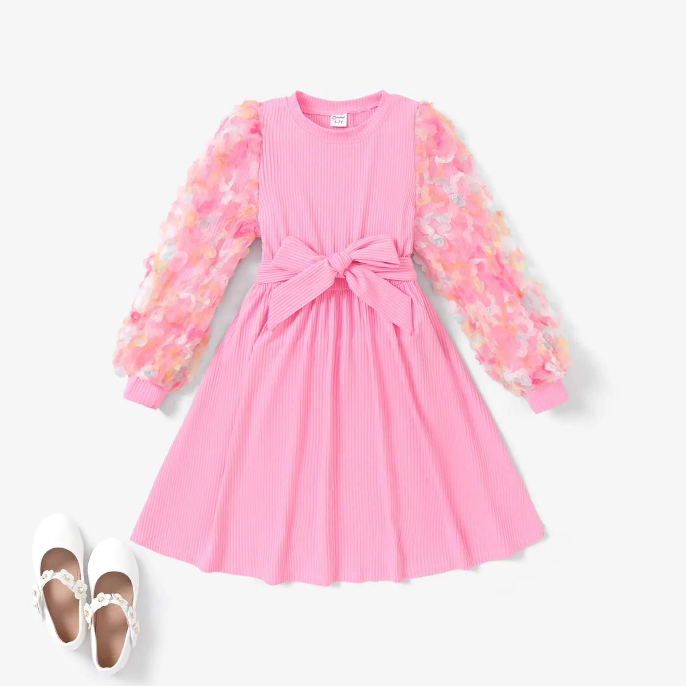 2pcs Kid Girl 3D Mesh Belt design Dress