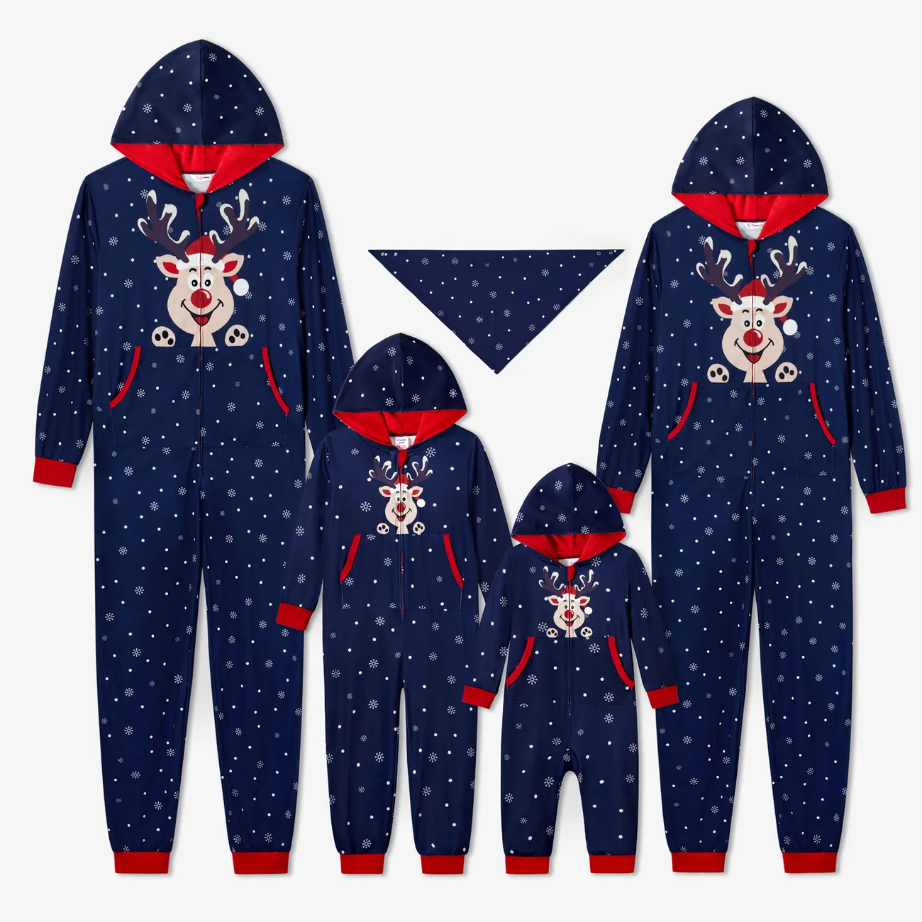 Christmas Family Matching Reindeer&Snowflake Print Long-sleeve Zipper Hooded Onesies Pajamas Sets (Flame resistant) Blue big image 1