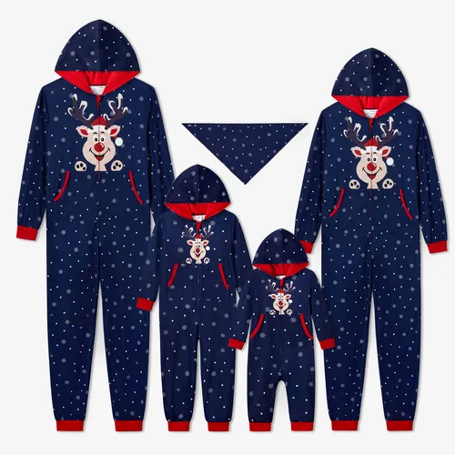 Christmas Family Matching Reindeer&Snowflake Print Long-sleeve Zipper Hooded Onesies Pajamas Sets (Flame resistant)