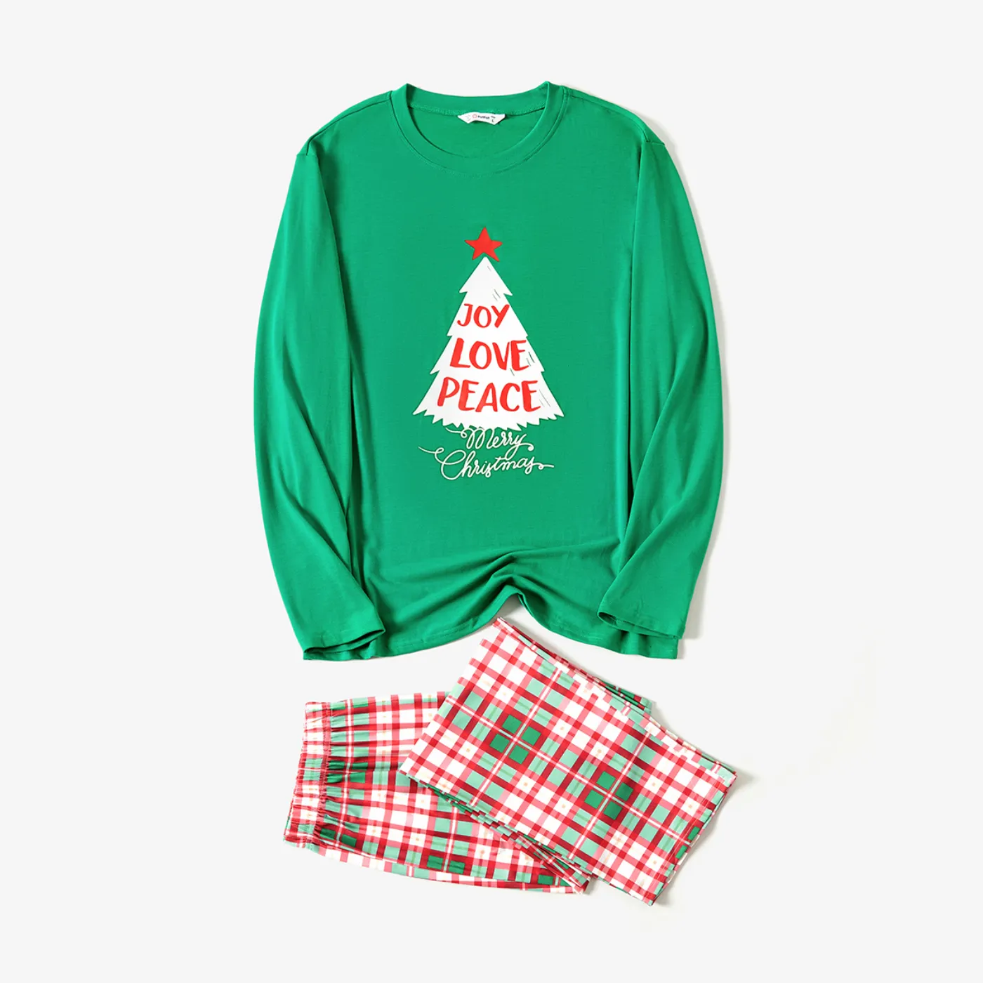 Christmas Family Matching Glow In The Dark Color-block Plaid Long-sleeve Pajamas Sets(Flame Resistant) Green image 6