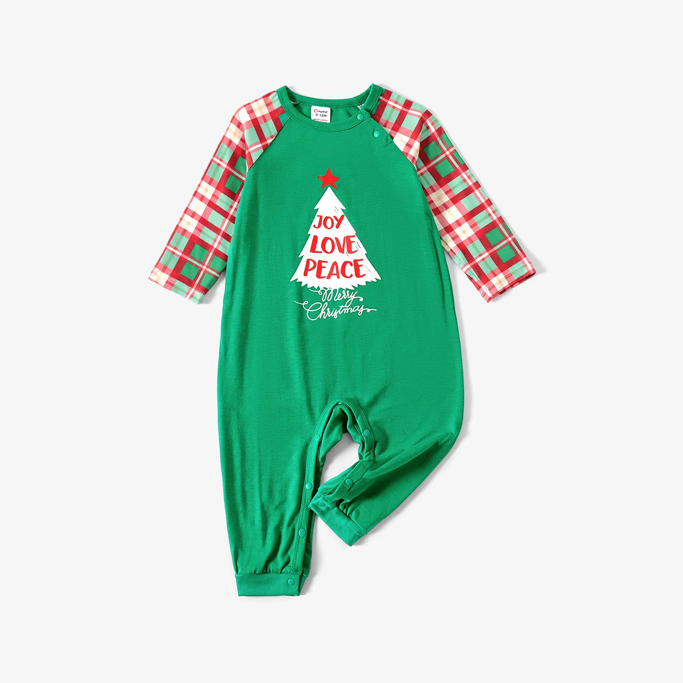 Christmas Family Matching Glow In The Dark Color-block Plaid Long-sleeve Pajamas Sets(Flame Resistant) Green big image 1