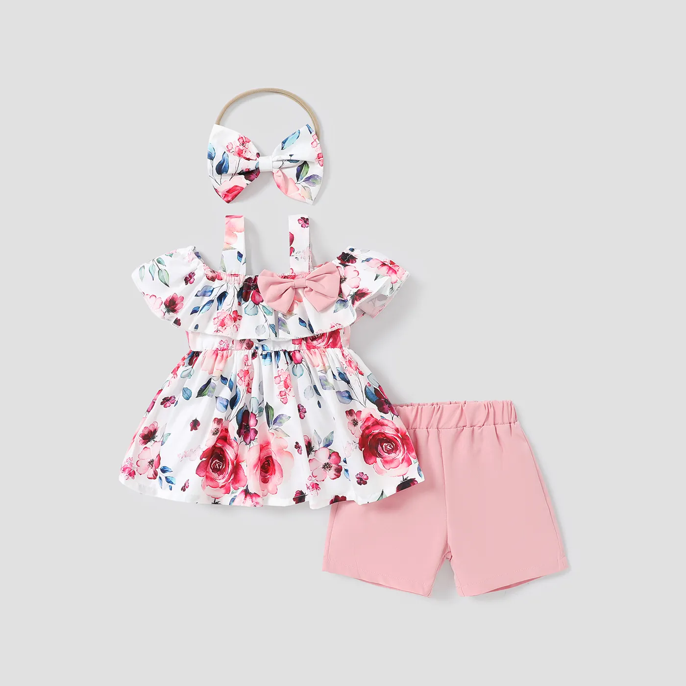 3pcs Baby Girl Allover Floral Print Ruffled Collar Sleeveless Top and Solid Shorts & Headband Set