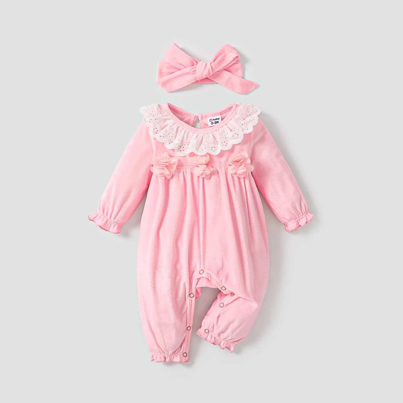 2pcs Baby Girl 3D Flower Decoration Velvet Fabric Lace Collar Jumpsuit