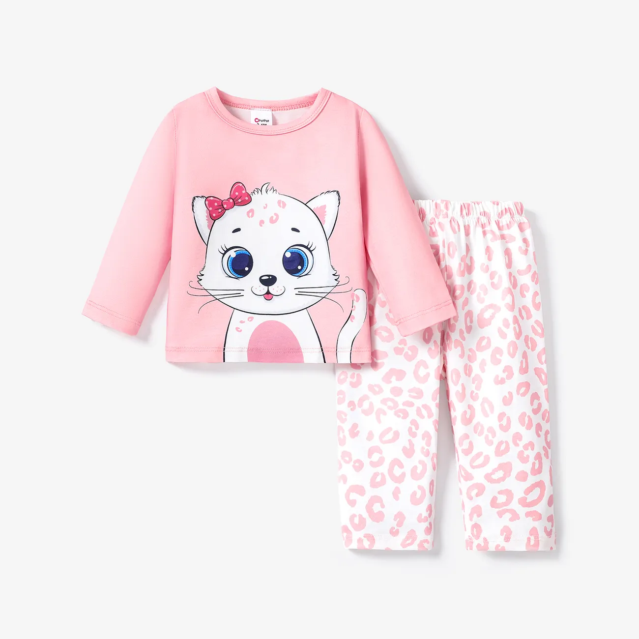 2pcs Baby/Toddler Girl Casual Cat Pattern Pajama Set Baby Brown big image 1