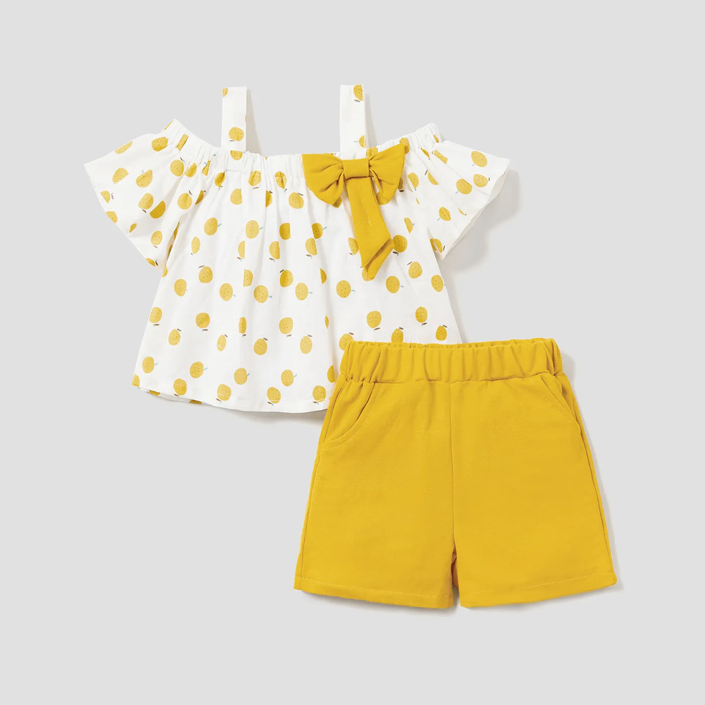 2-piece Toddler Girls Fruit Print Bow Top and Shorts Set Yellow