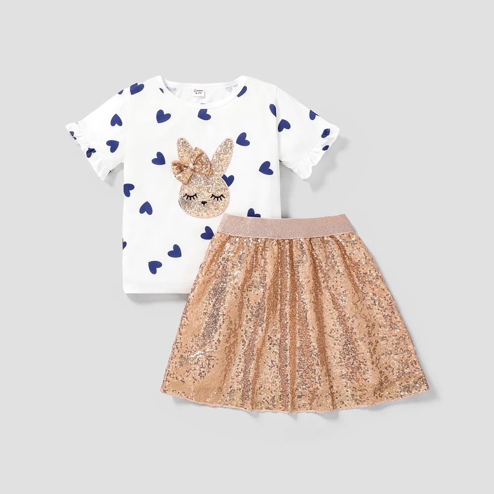 2-piece Kid Girl Unicorn Letter Print/Sequin Rabbit Pattern Heart Print Short-sleeve Tee and Sequined Skirt Set big image 1