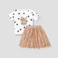 2-piece Kid Girl Unicorn Letter Print/Sequin Rabbit Pattern Heart Print Short-sleeve Tee and Sequined Skirt Set  image 1