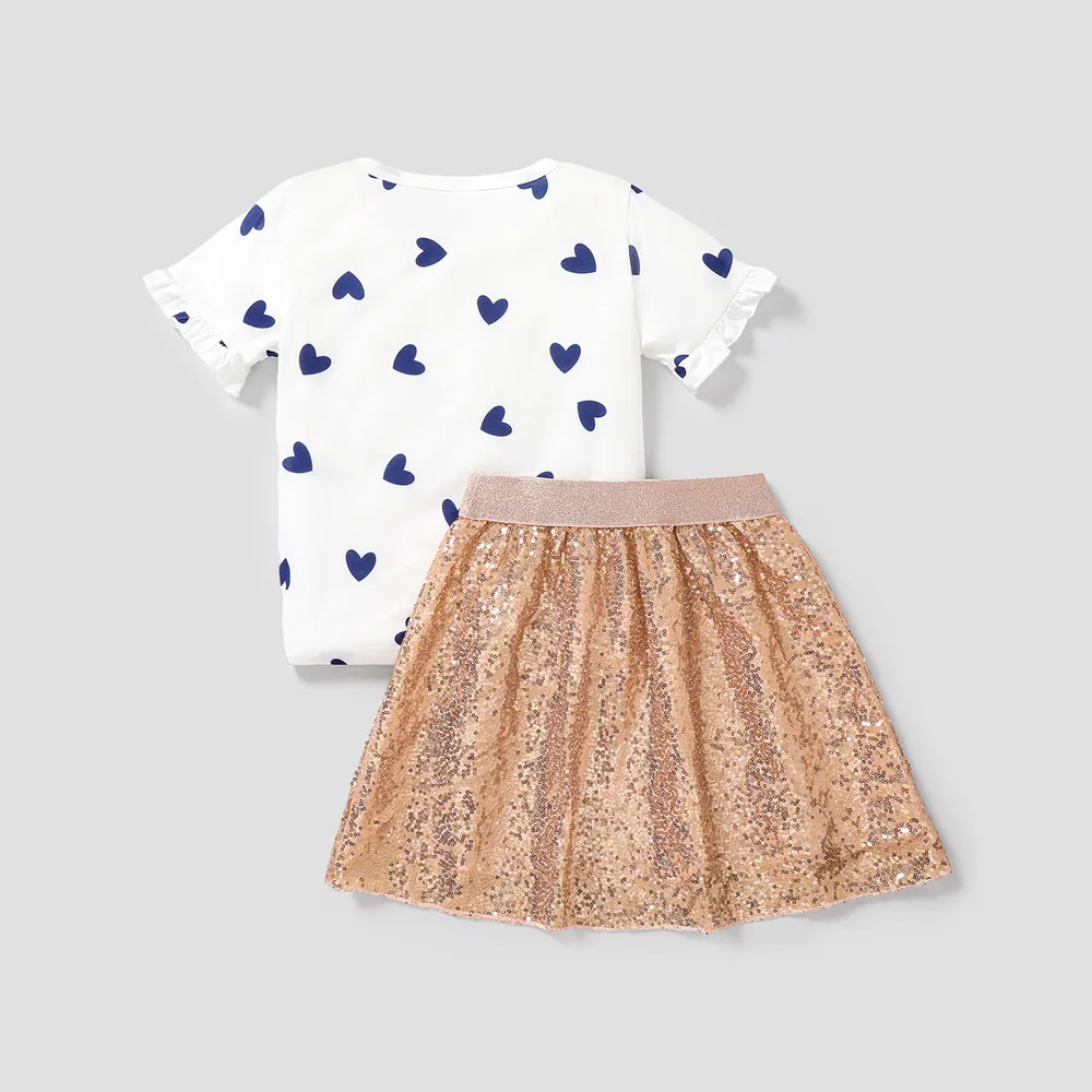 2-piece Kid Girl Unicorn Letter Print/Sequin Rabbit Pattern Heart Print Short-sleeve Tee and Sequined Skirt Set big image 2