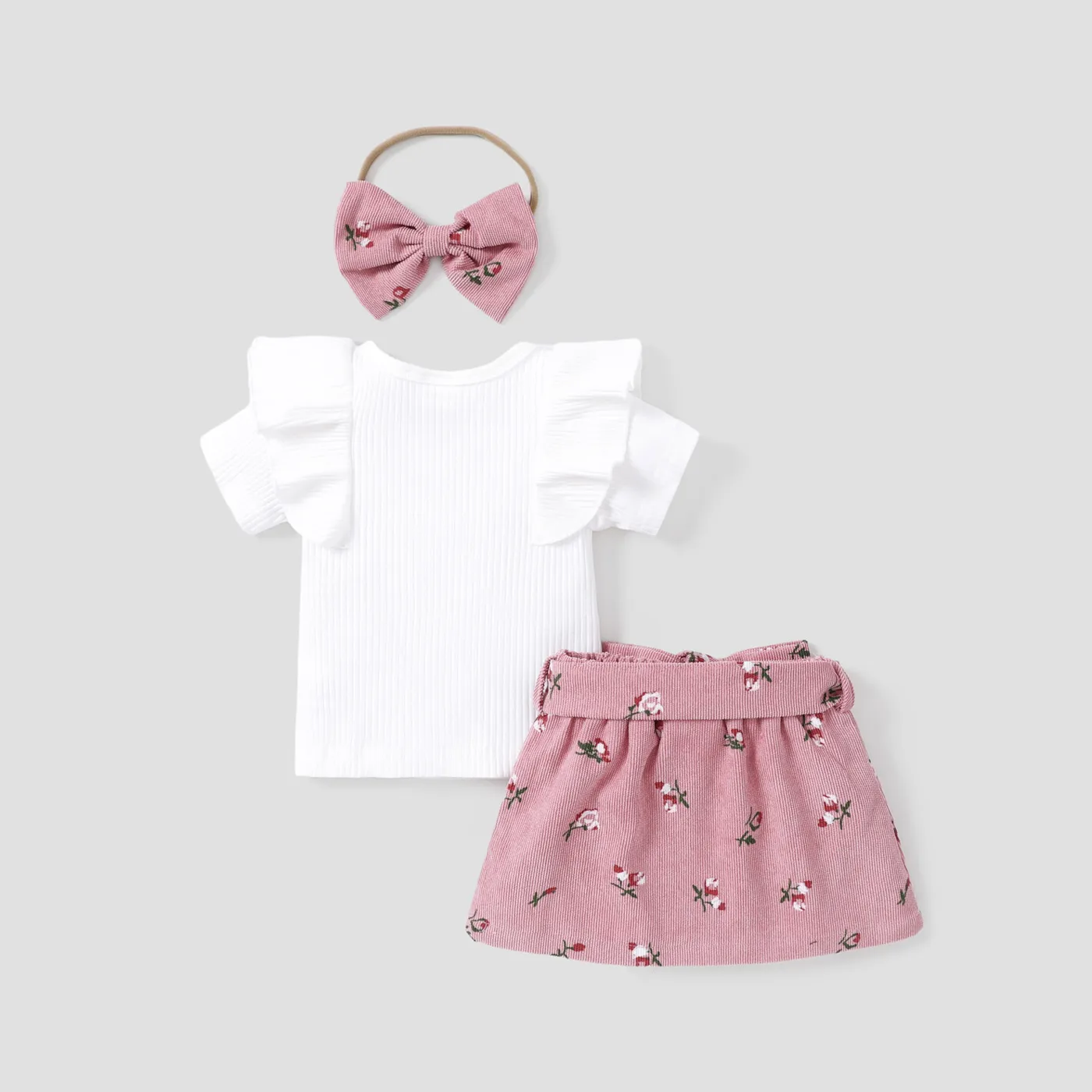 3pcs Baby Girl 95% Cotton Ribbed Ruffle Short-sleeve Tee and Floral Print Belted Skirt & Headband Set Pink image 3