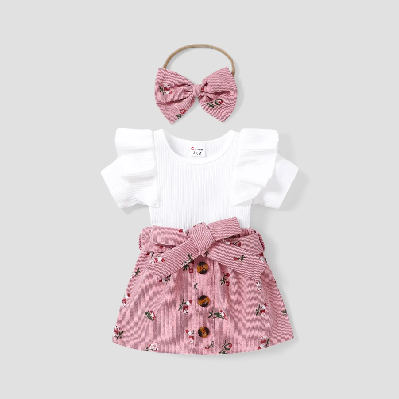 3pcs Baby Girl 95% Cotton Ribbed Ruffle Short-sleeve Tee and Floral Print Belted Skirt & Headband Set Pink big image 1