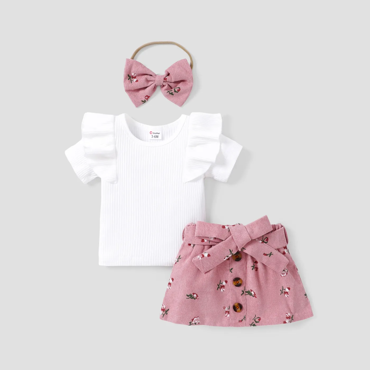 3pcs Baby Girl 95% Cotton Ribbed Ruffle Short-sleeve Tee and Floral Print Belted Skirt & Headband Set Pink image 2