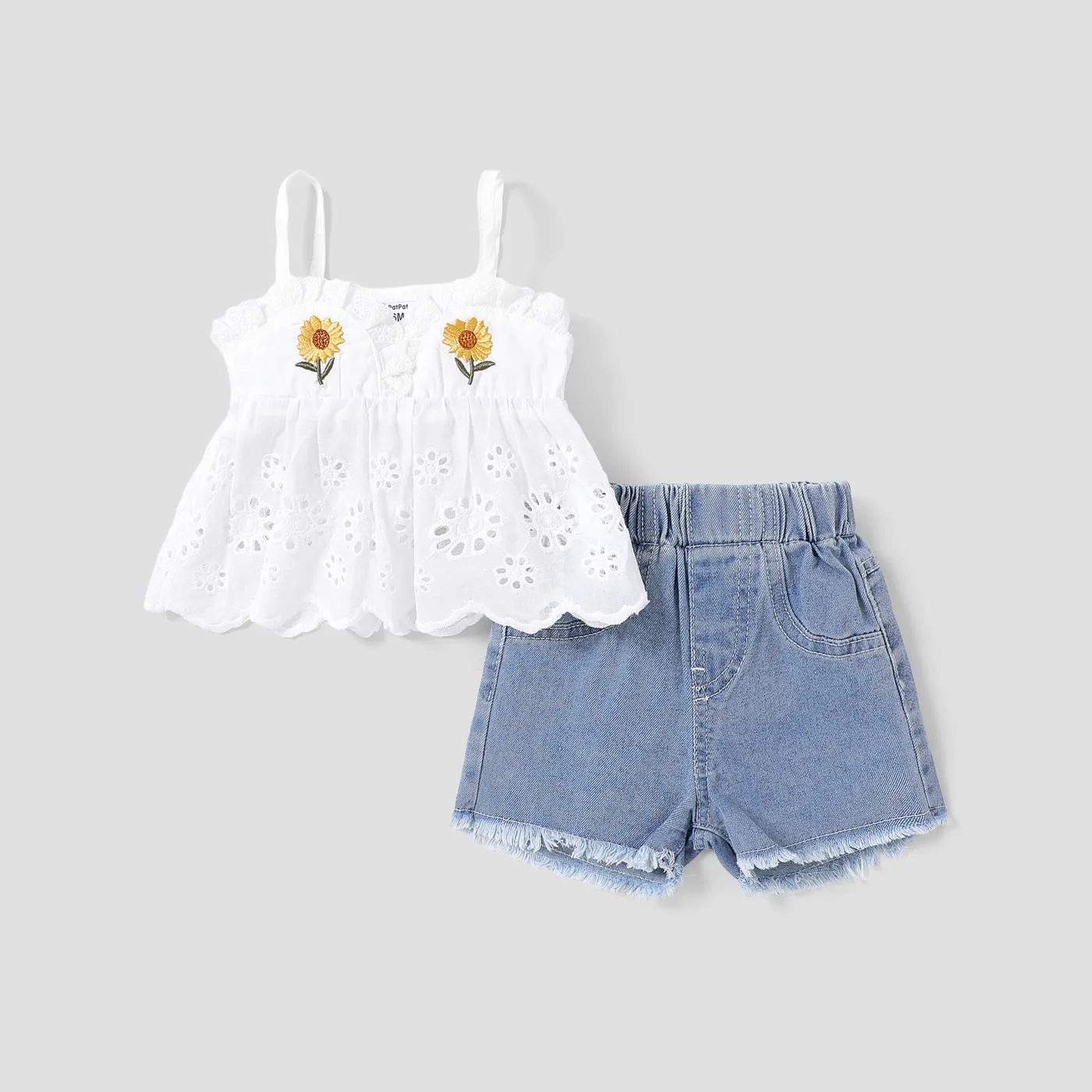 

2pcs Baby Girl 100% Cotton Sunflower Embroidered Schiffy Cami Top and Raw Hem Denim Shorts Set
