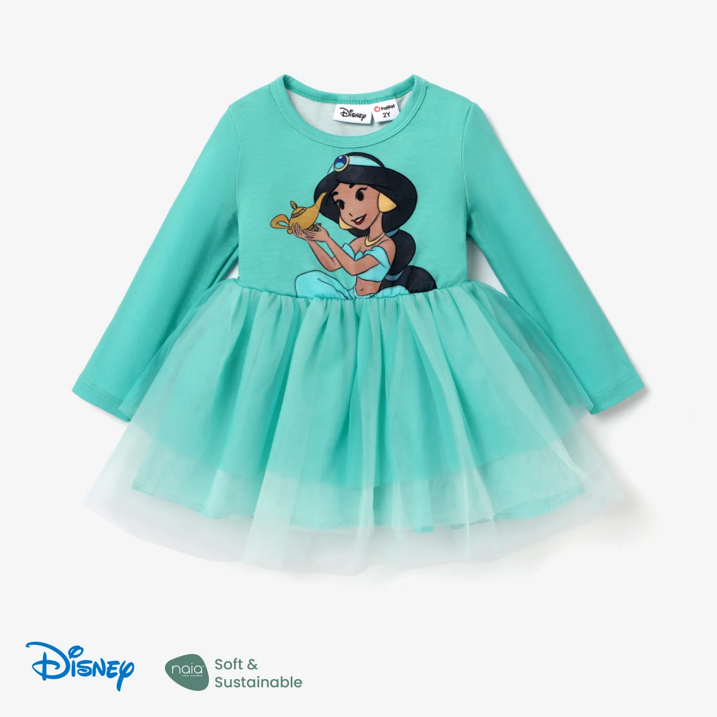 Disney Princess Toddler Girl Character Naia™ Print Long-sleeve Mesh Overlay Fairy Tulle Dress Turquoise big image 1
