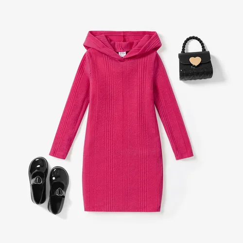 Kid Girl's Basic Textured material Hooded Dress in Solid Color