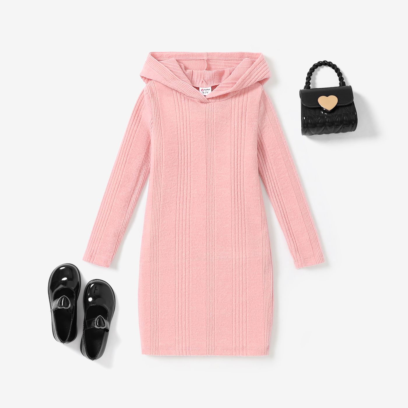 Kid Girl's Basic Textured Material Hooded Dress In Solid Color