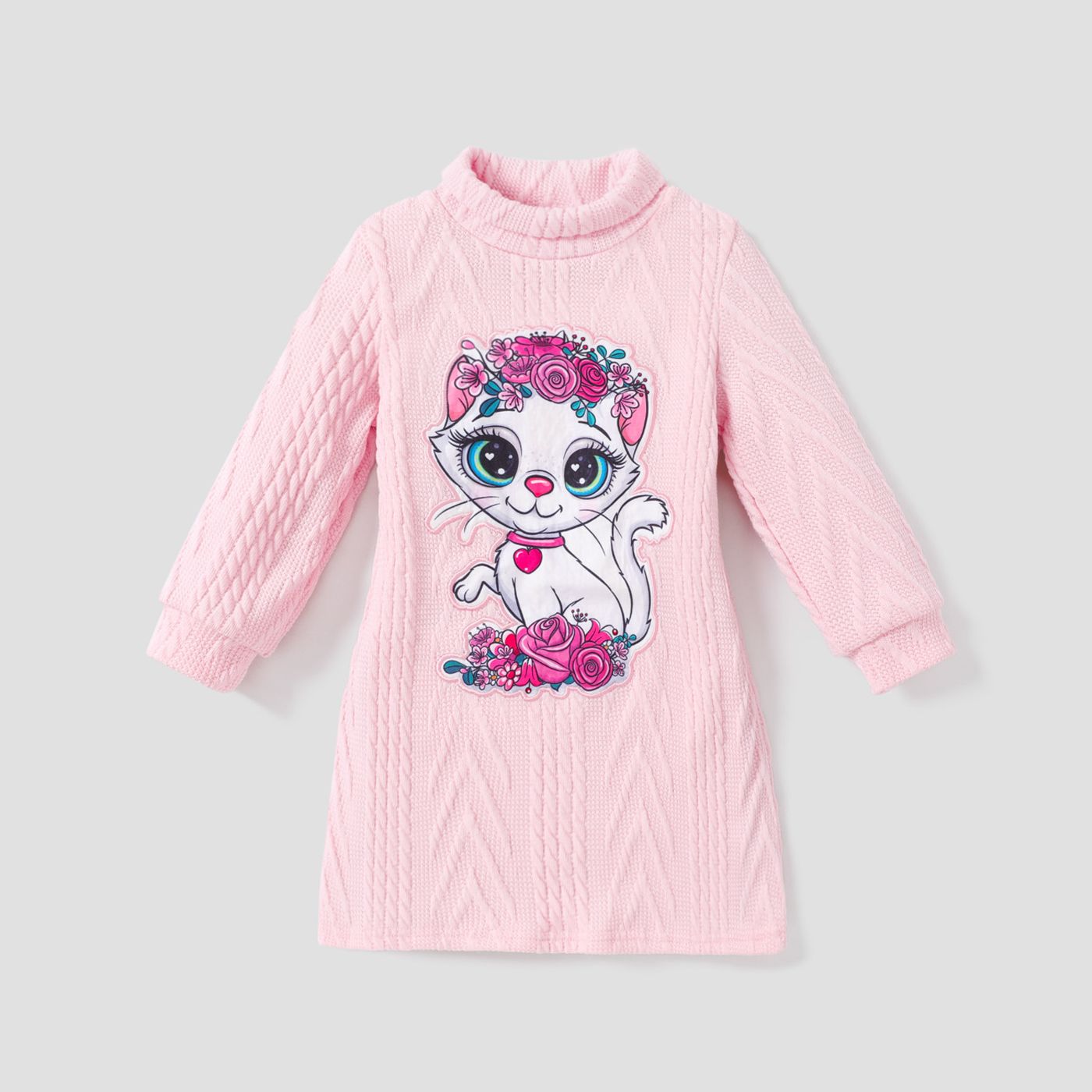 Toddler Girl Cute  Childlike Animal Cat Pattern Long Sleeve Dress
