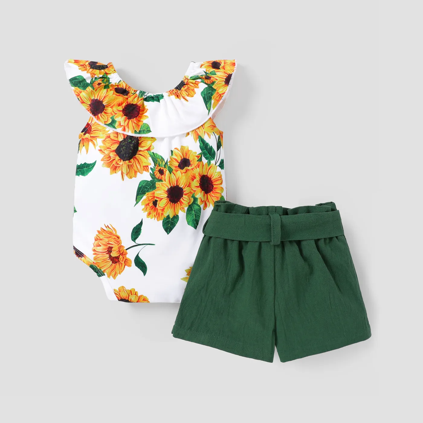 2pcs Baby Girl 100% Cotton Solid Belted Shorts and Allover Sunflower Print Ruffled Collar Tank Romper Set Green image 2