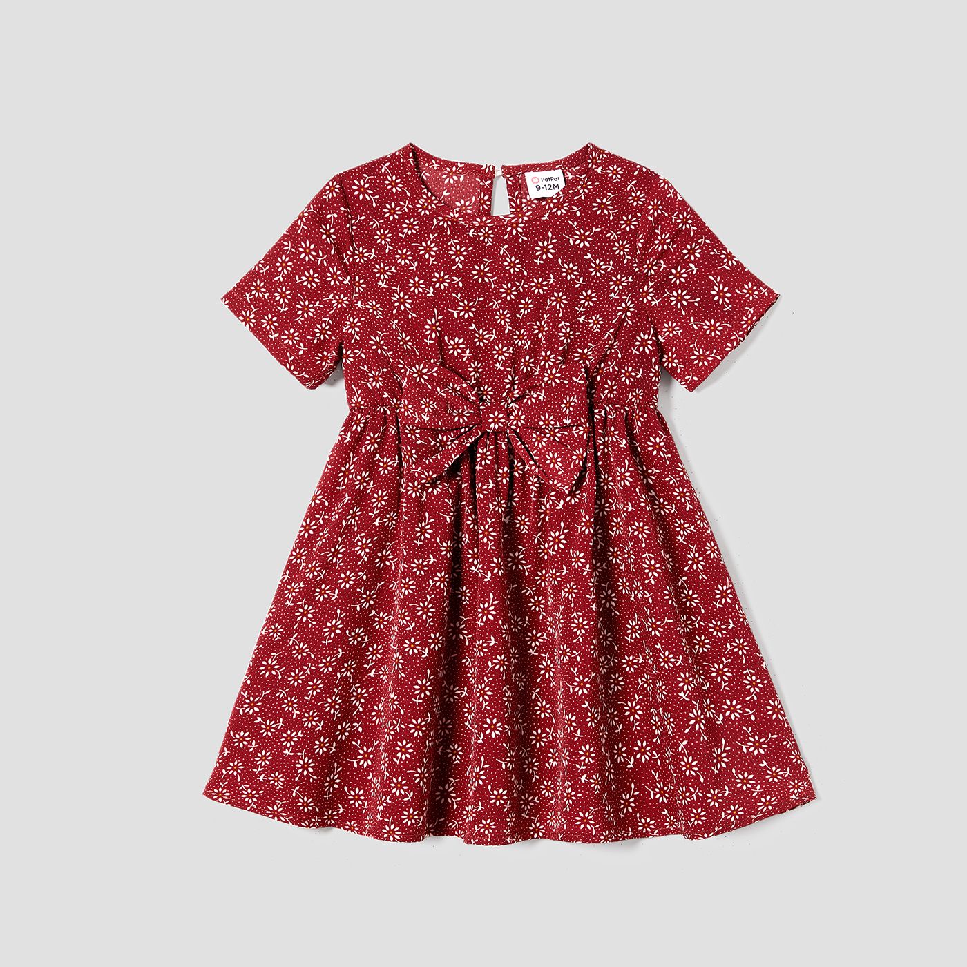 Family Matching Wine Red Floral Short Sleeve Pleated Belted Dresses And Colorblock Tops Sets