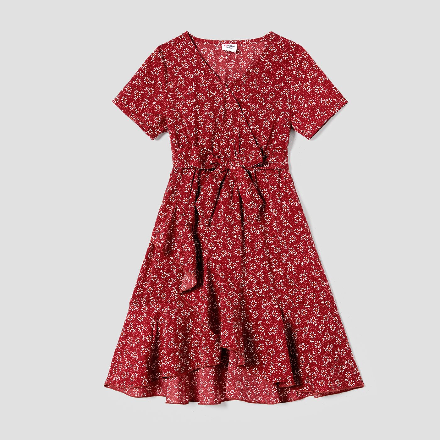 Family Matching Wine Red Floral Short Sleeve Pleated Belted Dresses And Colorblock Tops Sets