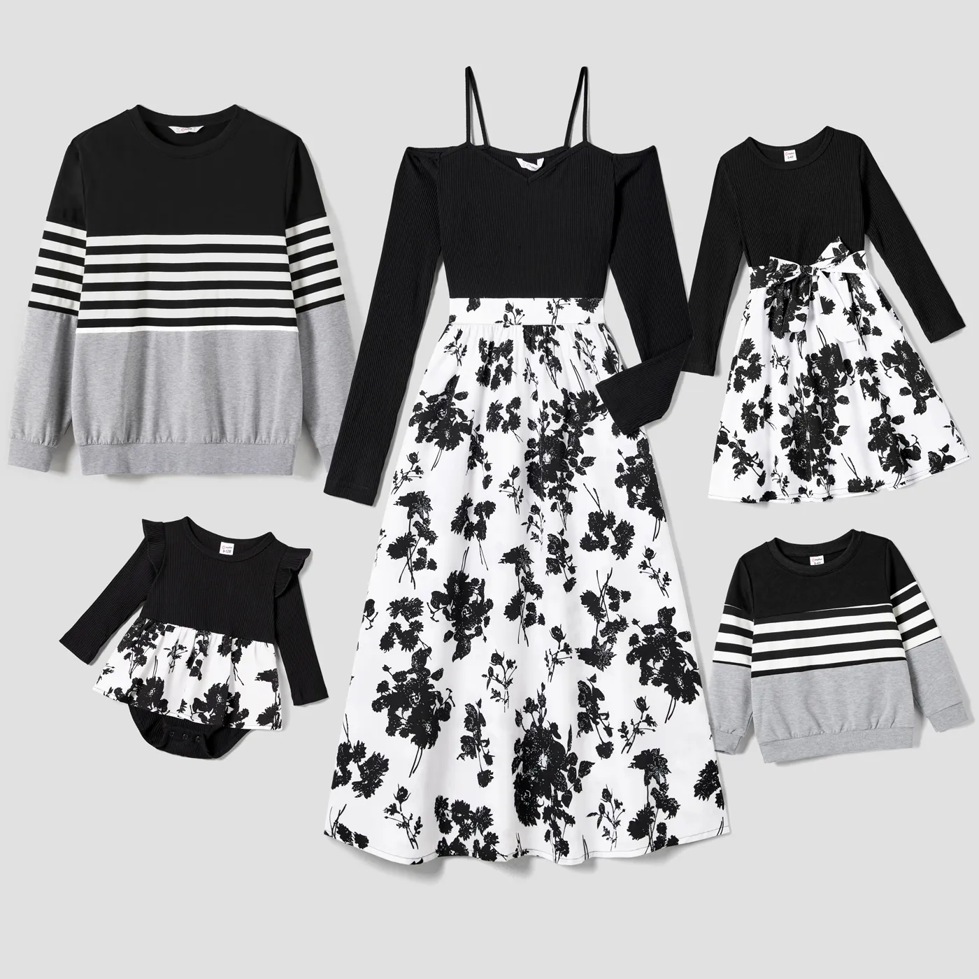 Family Matching Strappy Off Shoulder Floral Print Long-sleeve Dresses and Striped Long Sleeve Tops Sets