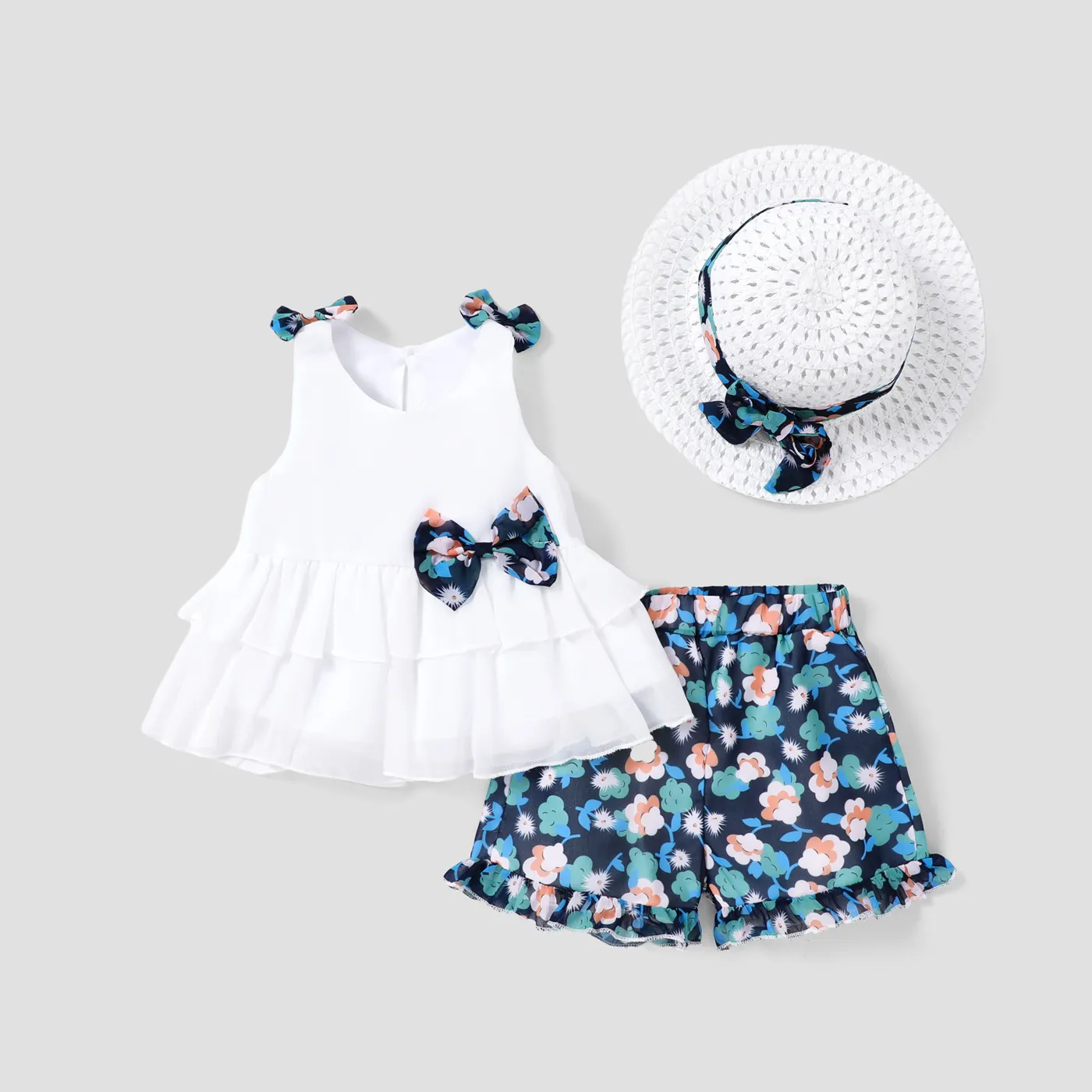 3pcs Toddler Girl Bow Decor Hat & Layered Ruffled Tank Top & Floral Print Shorts Set