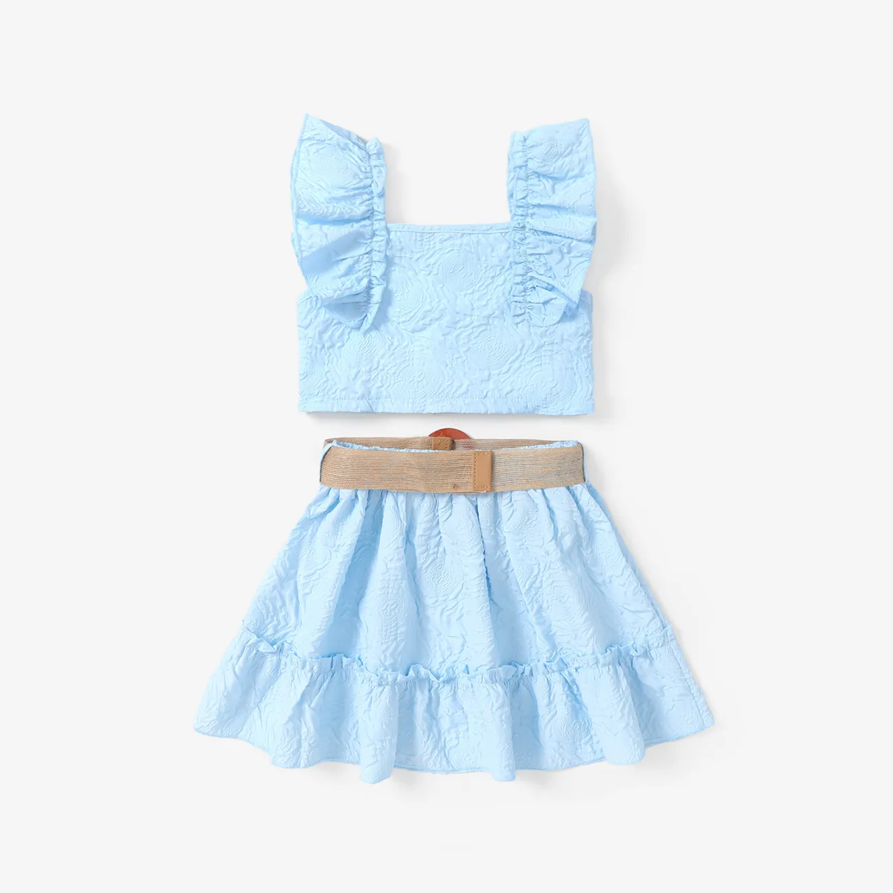 2pcs Kid Girl Floral Textured Square Collar Ruffled Top and Belted Skirt Set Light Blue big image 1