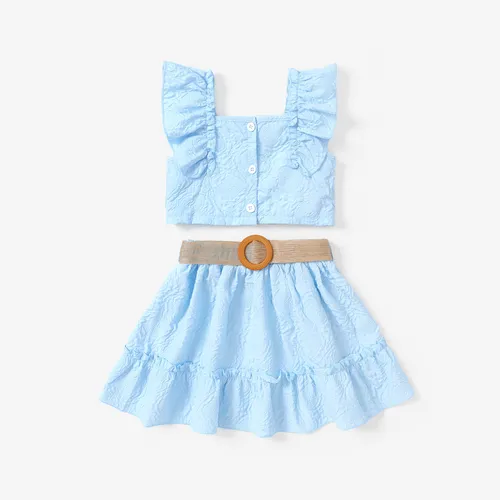 2pcs Kid Girl Floral Textured Square Collar Ruffled Top and Belted Skirt Set