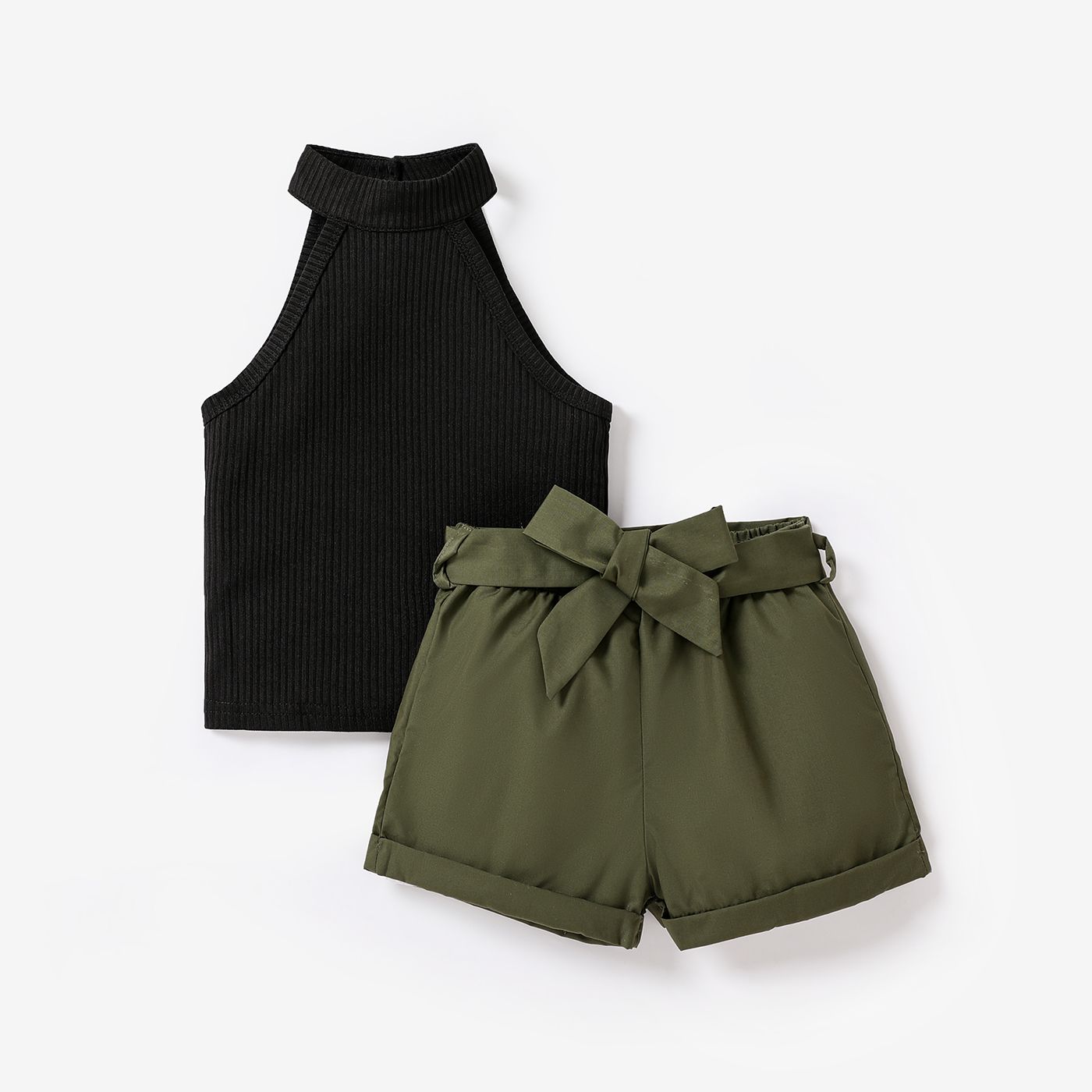 2pcs Toddler Girl Ribbed Halter Tank Top And Belted Shorts Set