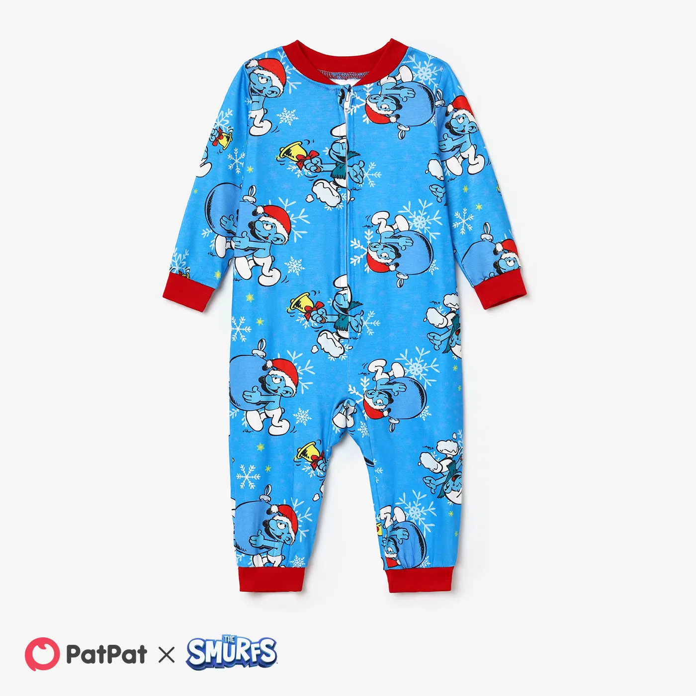 The Smurfs Christmas Pattern Print Colorblock Family Matching Onesies Pajamas(Flame Resistant) Blue big image 1