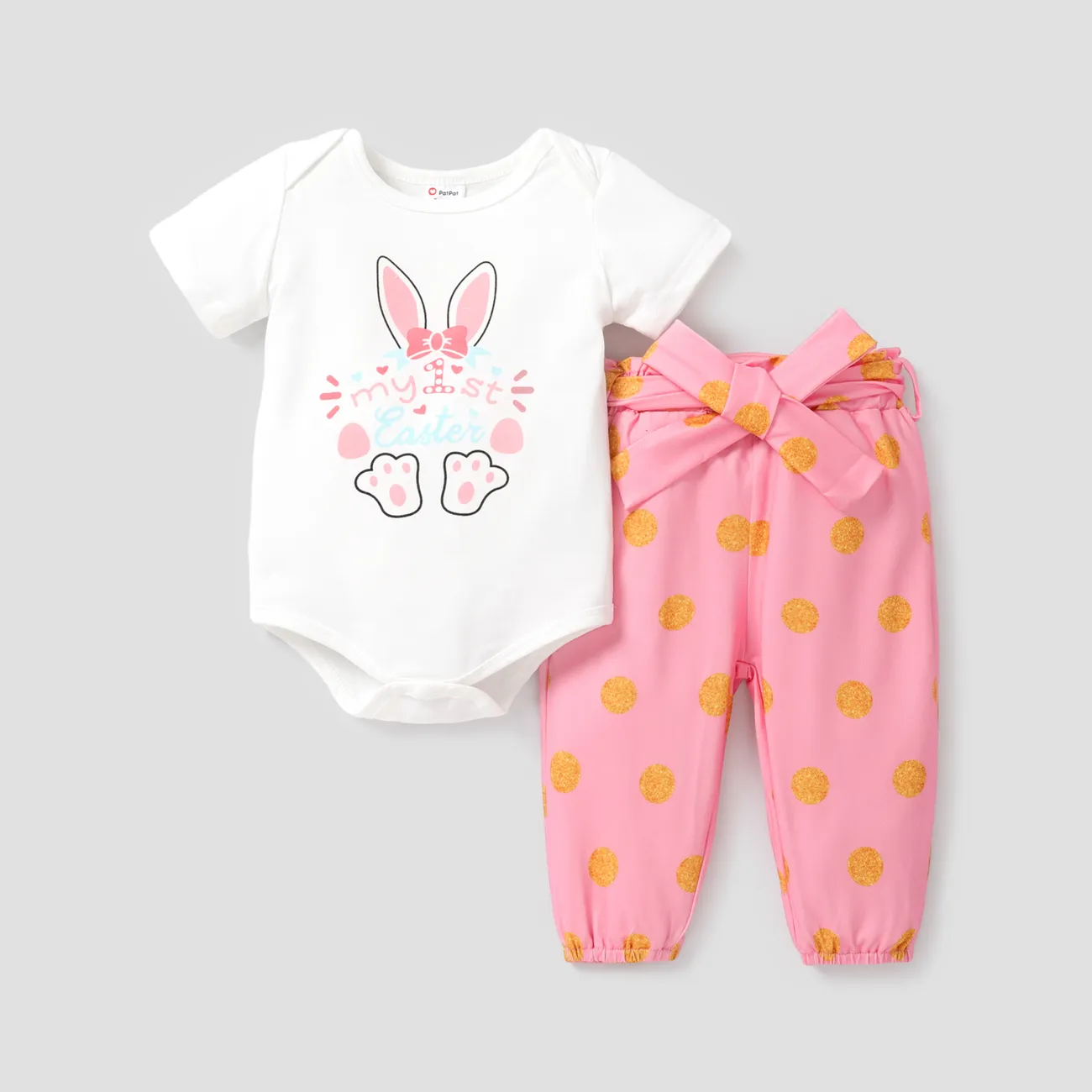 

Easter 3pcs Baby Girl Short-sleeve Graphic Romper and Polka Dots Pants with Belt Set