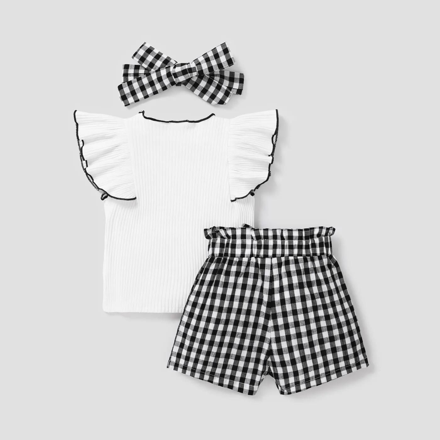 3pcs Baby Girl Letters Print Flutter-sleeve Top and Front Bow Decor Plaid Shorts and Headband Set BlackandWhite image 2